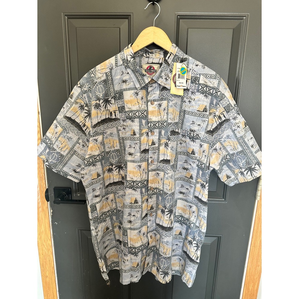 Field & Forest Mens Hawaiian Shirt XL Blue Tan Patchwork Palm Tree NWT 62372-3